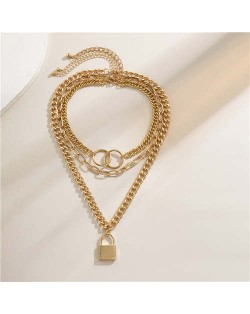 Baroque Style Lock Pendant Multi-layer Chain Women Wholesale Necklace - Golden