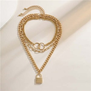 Baroque Style Lock Pendant Multi-layer Chain Women Wholesale Necklace - Golden