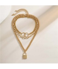 Baroque Style Lock Pendant Multi-layer Chain Women Wholesale Necklace - Golden