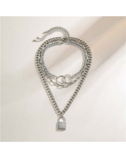 Baroque Style Lock Pendant Multi-layer Chain Women Wholesale Necklace - Silver