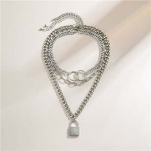 Baroque Style Lock Pendant Multi-layer Chain Women Wholesale Necklace - Silver