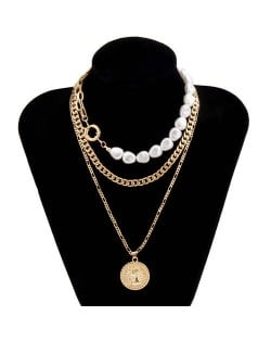 Baroque Style Wholesale Jewelry Portrait Pendant Pearl and Chain Combo Triple Layer Women Necklace - Golden