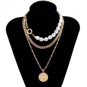 Baroque Style Wholesale Jewelry Portrait Pendant Pearl and Chain Combo Triple Layer Women Necklace - Golden
