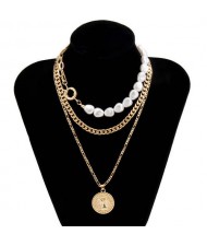 Baroque Style Wholesale Jewelry Portrait Pendant Pearl and Chain Combo Triple Layer Women Necklace - Golden