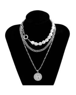 Baroque Style Wholesale Jewelry Portrait Pendant Pearl and Chain Combo Triple Layer Women Necklace - Silver