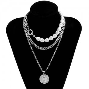 Baroque Style Wholesale Jewelry Portrait Pendant Pearl and Chain Combo Triple Layer Women Necklace - Silver