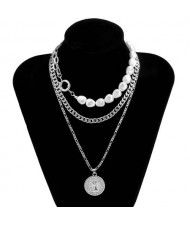 Baroque Style Wholesale Jewelry Portrait Pendant Pearl and Chain Combo Triple Layer Women Necklace - Silver