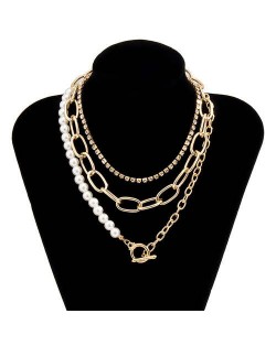 Rhinestone and Pearl Chain Combo Design Wholesale Jewelry Multi-layer Women Statement Necklace - Golden