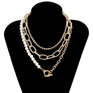 Rhinestone and Pearl Chain Combo Design Wholesale Jewelry Multi-layer Women Statement Necklace - Golden