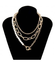 Rhinestone and Pearl Chain Combo Design Wholesale Jewelry Multi-layer Women Statement Necklace - Golden