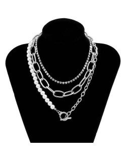 Rhinestone and Pearl Chain Combo Design Wholesale Jewelry Multi-layer Women Statement Necklace - Silver