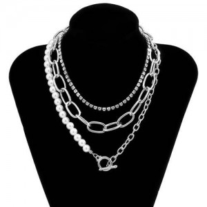 Rhinestone and Pearl Chain Combo Design Wholesale Jewelry Multi-layer Women Statement Necklace - Silver