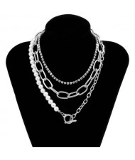 Rhinestone and Pearl Chain Combo Design Wholesale Jewelry Multi-layer Women Statement Necklace - Silver