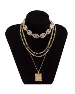 Butterfly Pendant Rhinestone Inlaid Multi-layer Chain Fashion Women Wholesale Necklace - Golden