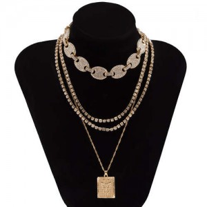 Butterfly Pendant Rhinestone Inlaid Multi-layer Chain Fashion Women Wholesale Necklace - Golden
