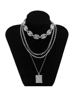 Butterfly Pendant Rhinestone Inlaid Multi-layer Chain Fashion Women Wholesale Necklace - Silver