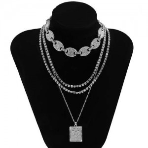 Butterfly Pendant Rhinestone Inlaid Multi-layer Chain Fashion Women Wholesale Necklace - Silver