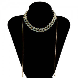 U.S. Fashion Wholesale Jewelry Vintage Cuban Chain Style Rhinestone Inlaid Women Personality Necklace - Blue