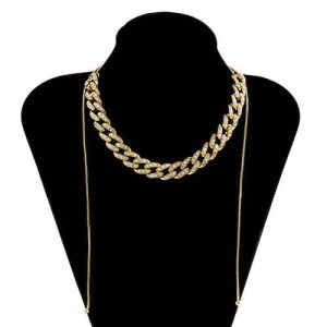 U.S. Fashion Wholesale Jewelry Vintage Cuban Chain Style Rhinestone Inlaid Women Personality Necklace - White
