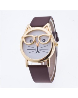 Cute Golden Glasses Cat Fashion Wrist Watch - Coffee