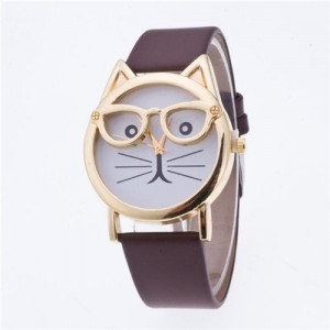 Cute Golden Glasses Cat Fashion Wrist Watch - Coffee