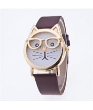 Cute Golden Glasses Cat Fashion Wrist Watch - Coffee
