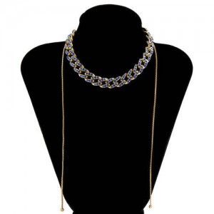 U.S. Fashion Wholesale Jewelry Vintage Cuban Chain Style Rhinestone Inlaid Women Personality Necklace - Royal Blue