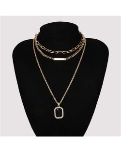 Wholesale Jewelry Square Gem Pendant Triple Layers Chain Design High Fashion Women Necklace