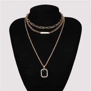 Wholesale Jewelry Square Gem Pendant Triple Layers Chain Design High Fashion Women Necklace