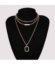 Wholesale Jewelry Square Gem Pendant Triple Layers Chain Design High Fashion Women Necklace