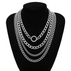Wholesale Jewelry Round Pendant Multi-layer Chain Vintage Women Fashion Statement Necklace - Silver
