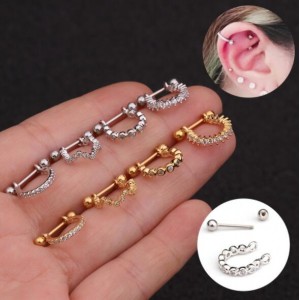 Delicate Semi-circle Design Cubic Zirconia Inlaid Stainless Steel Piercing Earrings