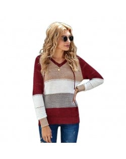 U.S. Fashion Wholesale Clothing Knitted Hooded Sweater Autumn/ Winter Women Top - Red