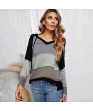 U.S. Fashion Wholesale Clothing Knitted Hooded Sweater Autumn/ Winter Women Top - Black