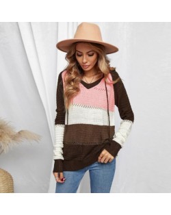 U.S. Fashion Wholesale Clothing Knitted Hooded Sweater Autumn/ Winter Women Top - Brown