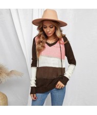 U.S. Fashion Wholesale Clothing Knitted Hooded Sweater Autumn/ Winter Women Top - Brown