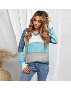 U.S. Fashion Wholesale Clothing Knitted Hooded Sweater Autumn/ Winter Women Top - Blue and Gray