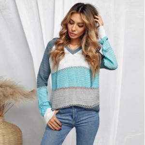 U.S. Fashion Wholesale Clothing Knitted Hooded Sweater Autumn/ Winter Women Top - Blue and Gray