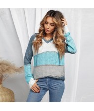 U.S. Fashion Wholesale Clothing Knitted Hooded Sweater Autumn/ Winter Women Top - Blue and Gray