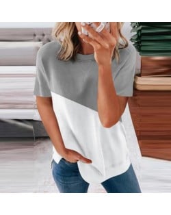 U.S. Fashion Wholesale Clothing Contrast Color Design Round Neck Women T-shirt/ Top - Gray