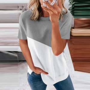 U.S. Fashion Wholesale Clothing Contrast Color Design Round Neck Women T-shirt/ Top - Gray
