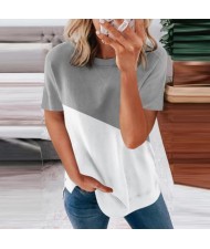 U.S. Fashion Wholesale Clothing Contrast Color Design Round Neck Women T-shirt/ Top - Gray