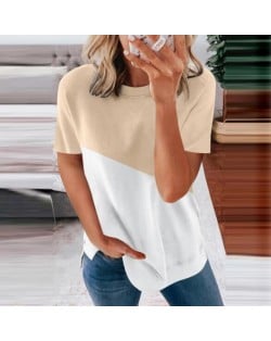 U.S. Fashion Wholesale Clothing Contrast Color Design Round Neck Women T-shirt/ Top - Apricot