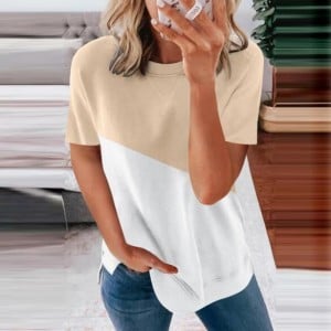 U.S. Fashion Wholesale Clothing Contrast Color Design Round Neck Women T-shirt/ Top - Apricot