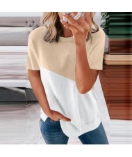 U.S. Fashion Wholesale Clothing Contrast Color Design Round Neck Women T-shirt/ Top - Apricot