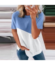 U.S. Fashion Wholesale Clothing Contrast Color Design Round Neck Women T-shirt/ Top - Light Blue
