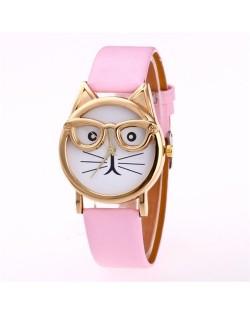 Cute Golden Glasses Cat Fashion Wrist Watch - Pink