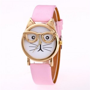 Cute Golden Glasses Cat Fashion Wrist Watch - Pink