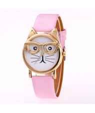 Cute Golden Glasses Cat Fashion Wrist Watch - Pink