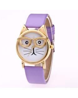 Cute Golden Glasses Cat Fashion Wrist Watch - Violet